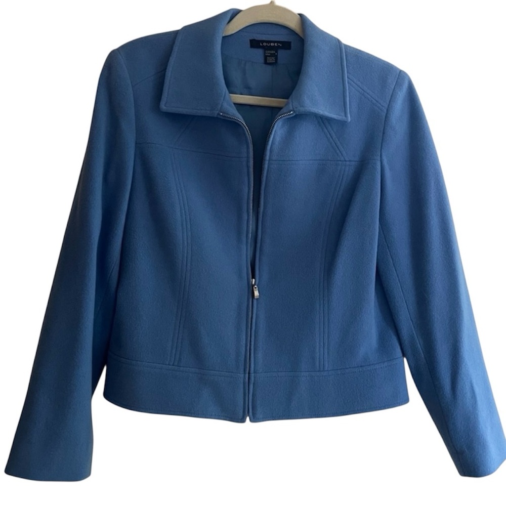 LOUBEN Women's Blue Cropped Blazer Sz 8 Wool Cashmere Blend Zipper Front
